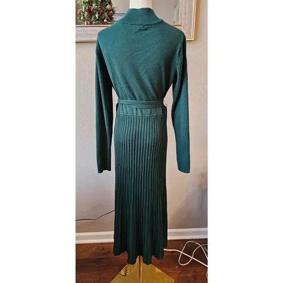 Sandra Darren Mock Neck Tie Waist Sweater Dress Women Size L Dark Green Ribbed - Picture 2 of 7